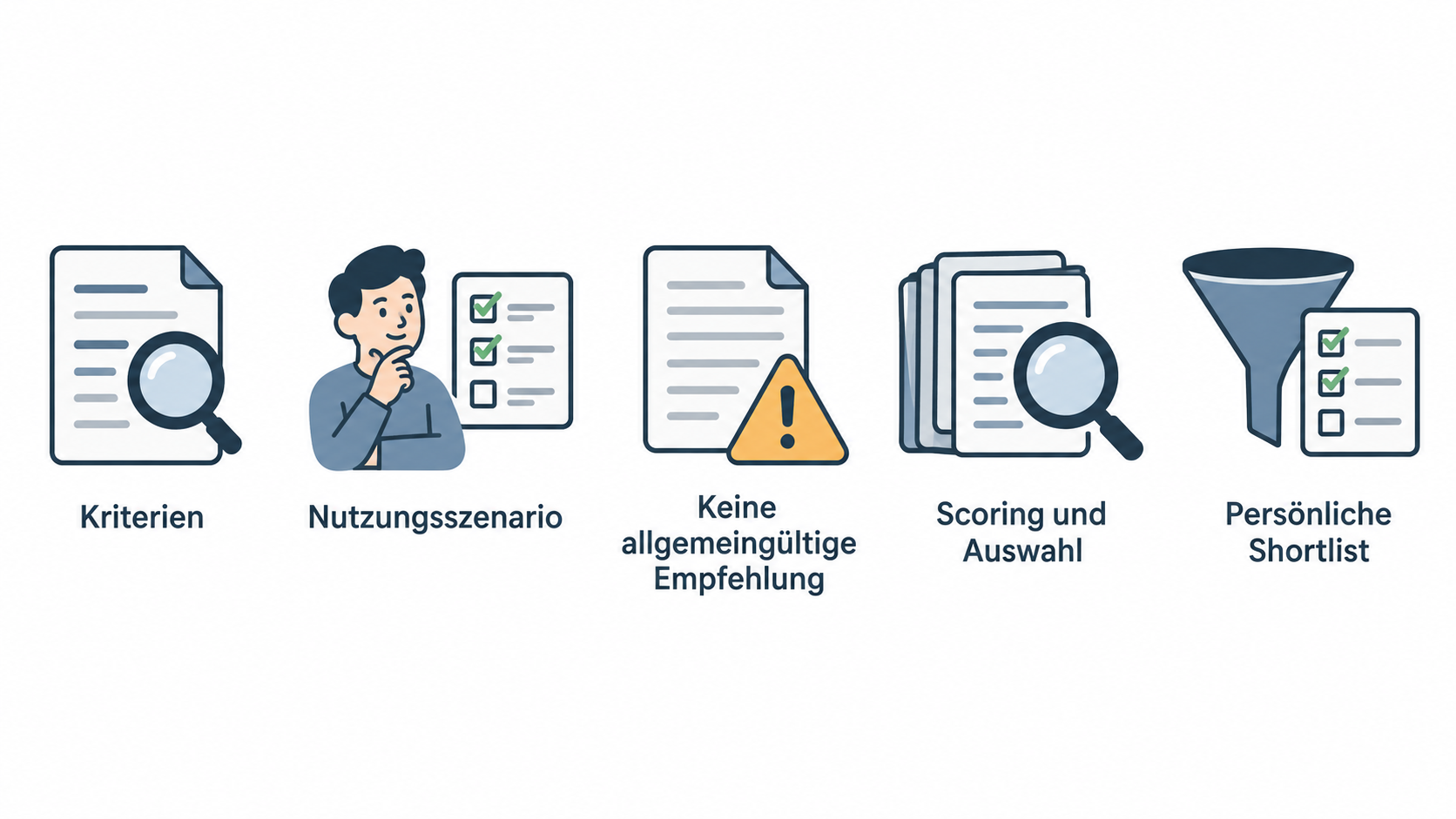 Show one five-point numbered checklist: 1. Depotführung und Ordergebühren; 2. Handelsplätze und Sparplanfunktion; 3. Steuerinformationen und Zinsen auf dem zugehörigen Konto; 4. Kriterien mit dem eigenen Nutzungsszenario verbinden; 5. Vor der Eröffnung Anbieterbedingungen und Preis- und Leistungsver