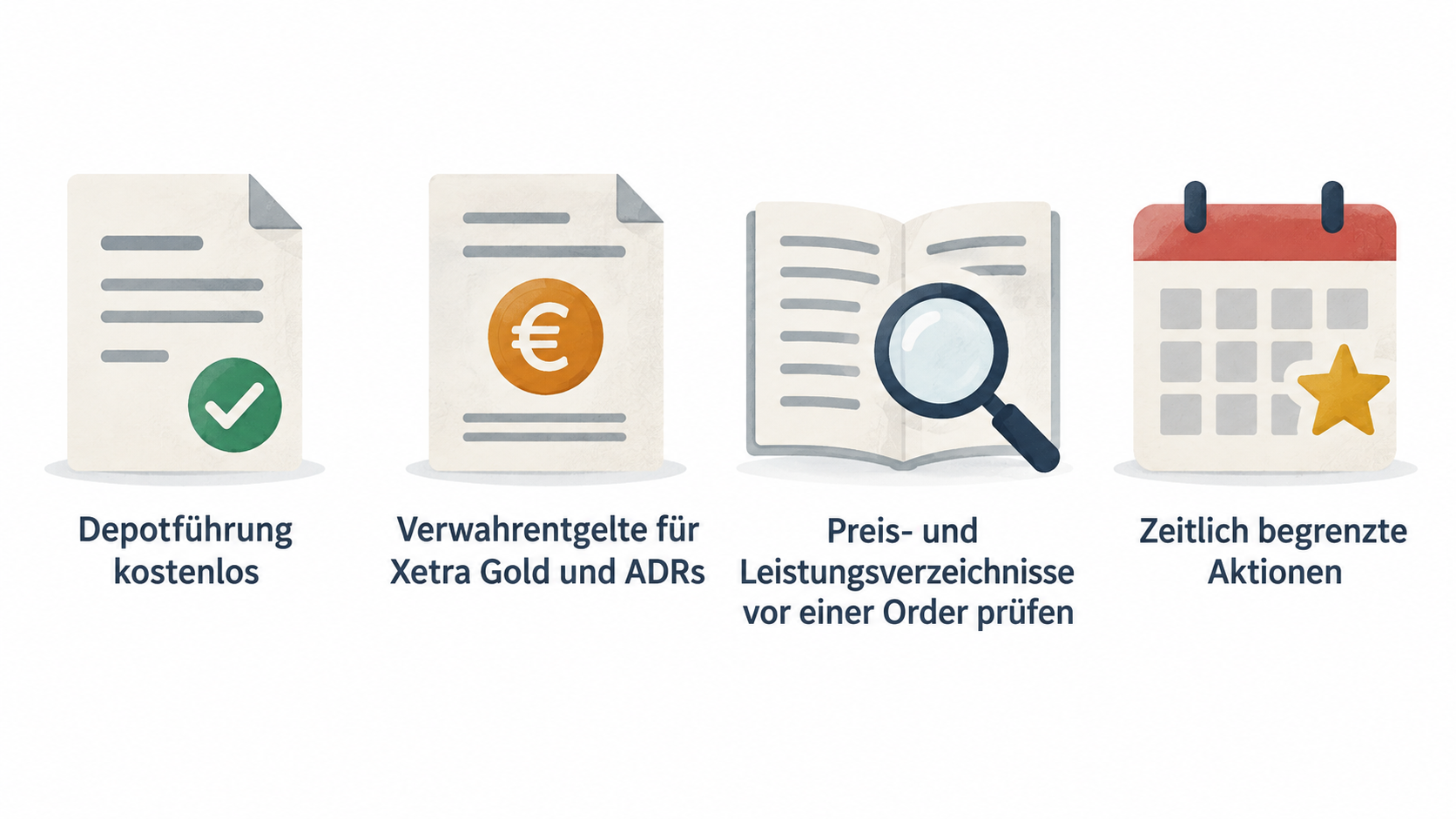 Show a numbered 3-step cost check: “Gewünschte Anlageprodukte festlegen”, “Reguläre Konditionen nachschlagen” and “Prüfen, ob eine Aktion für genau diese Auswahl noch gilt”.