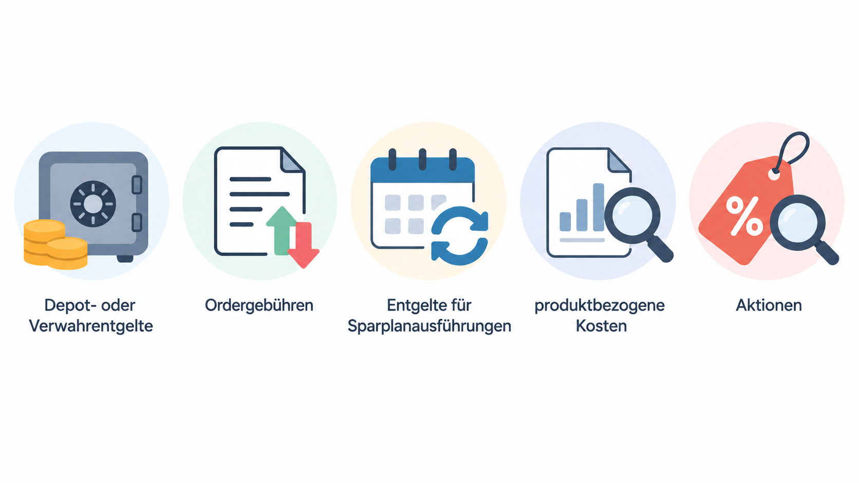 Show one five-point numbered checklist of the section's stated cost checks: 1. Laufende Depot- oder Verwahrentgelte; 2. Ordergebühren; 3. Entgelte für Sparplanausführungen; 4. Produktbezogene Kosten; 5. Laufende Kosten eines Fonds von Depot- und Ausführungskosten trennen.