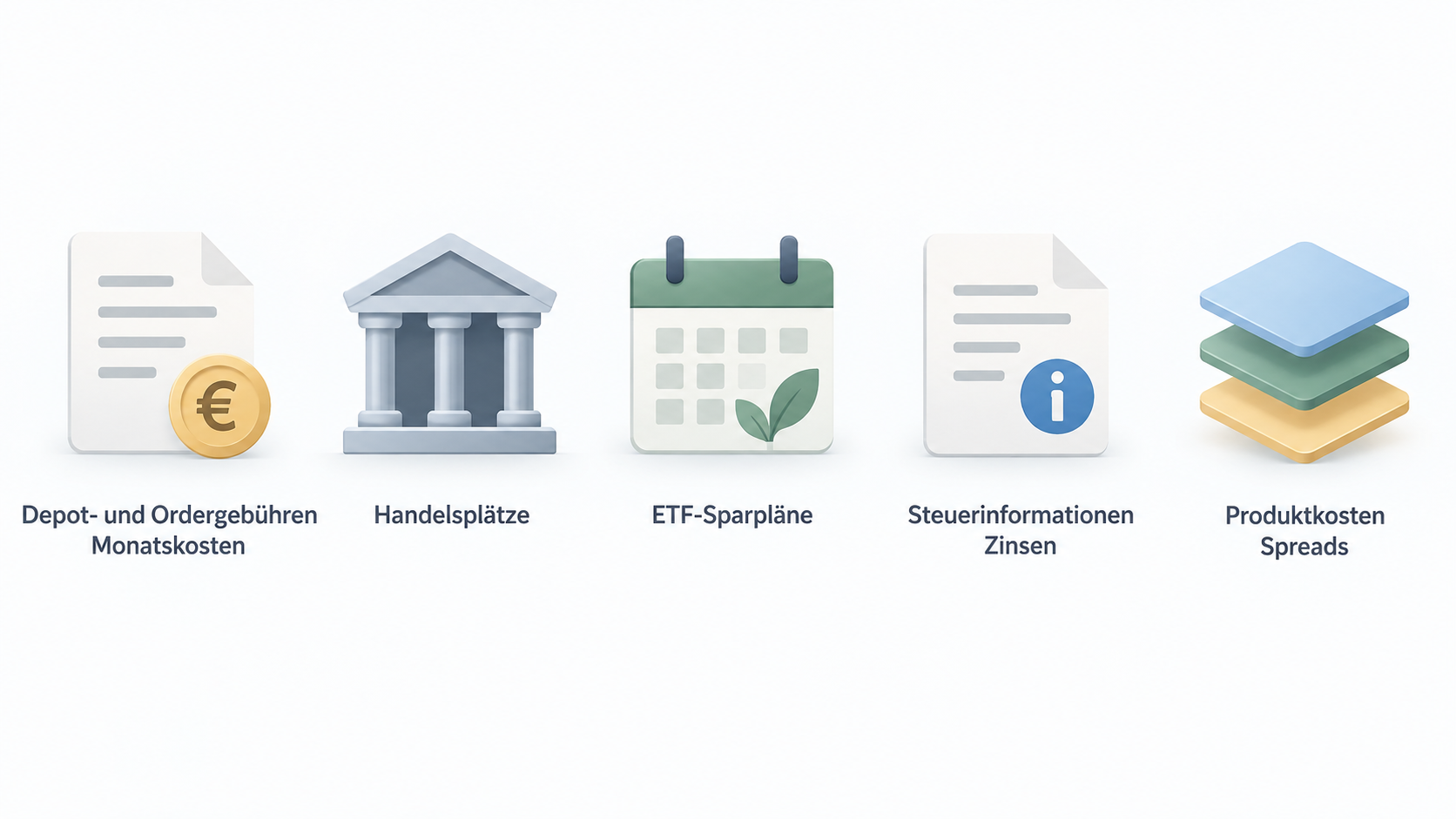 Show the three stated cost types to distinguish in one horizontal row of icons labeled “Brokergebühr”, “laufende Produktkosten” and “Spreads”.