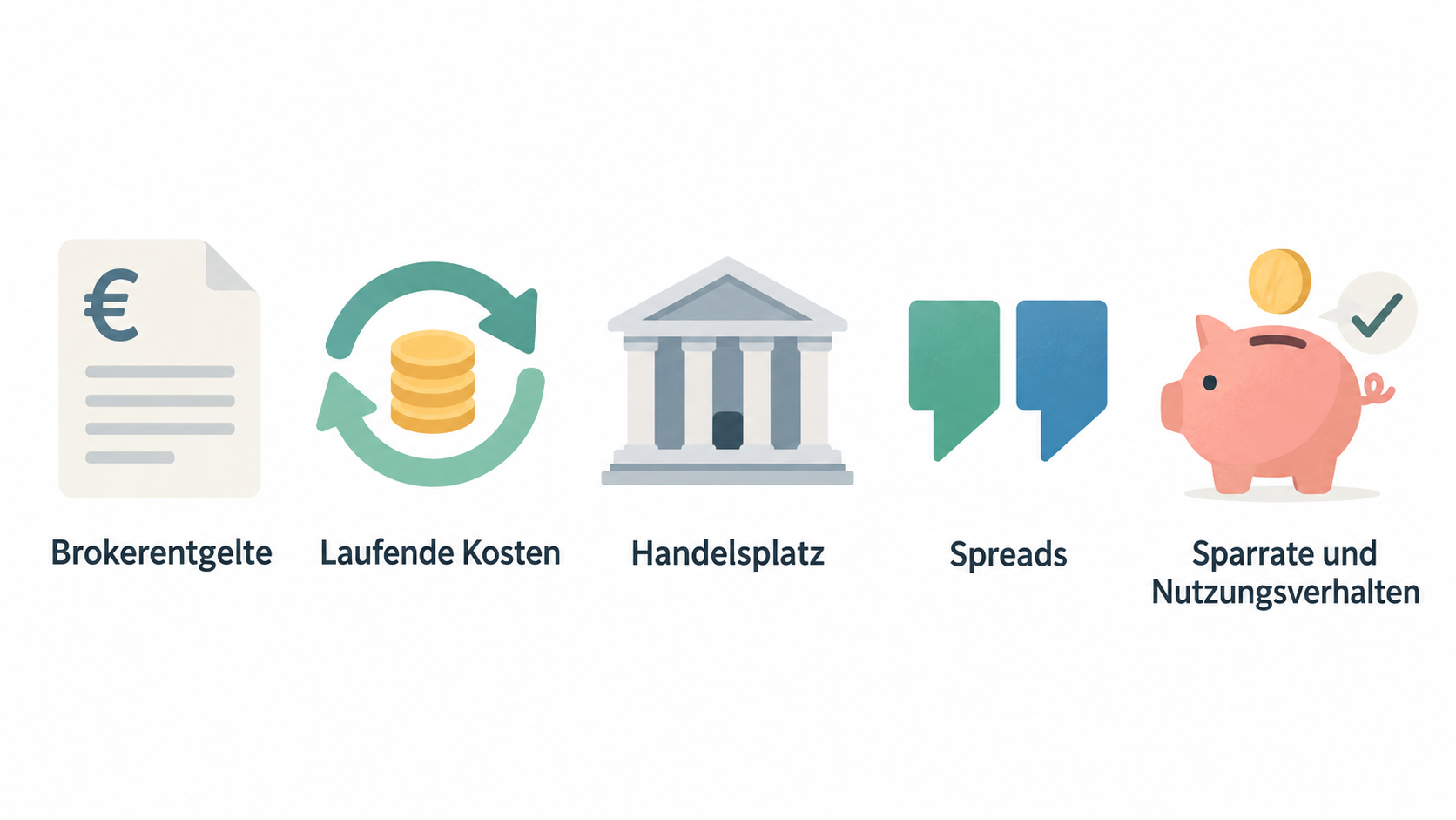 Die vier getrennten Kostenaspekte des ETF-Sparplans auf einen Blick zeigen, ohne sie zu einem pauschalen „kostenlos“ zusammenzufassen.