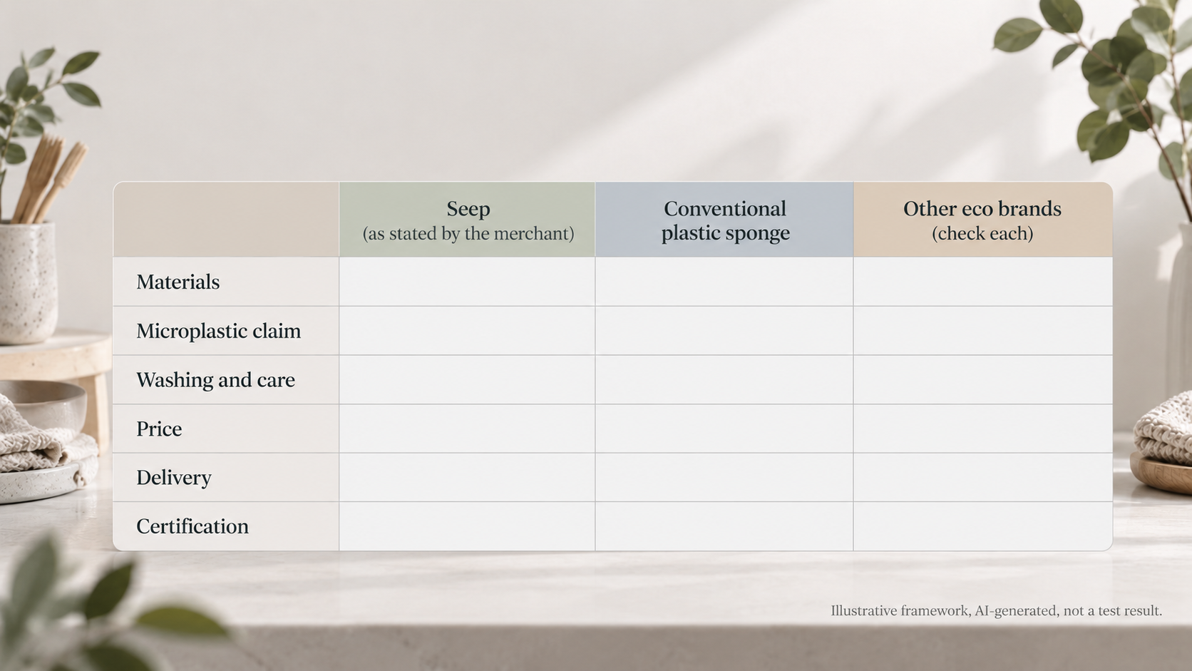 Give readers a criteria-based table for comparing Seep with conventional plastic sponges and other eco-focused cleaning brands